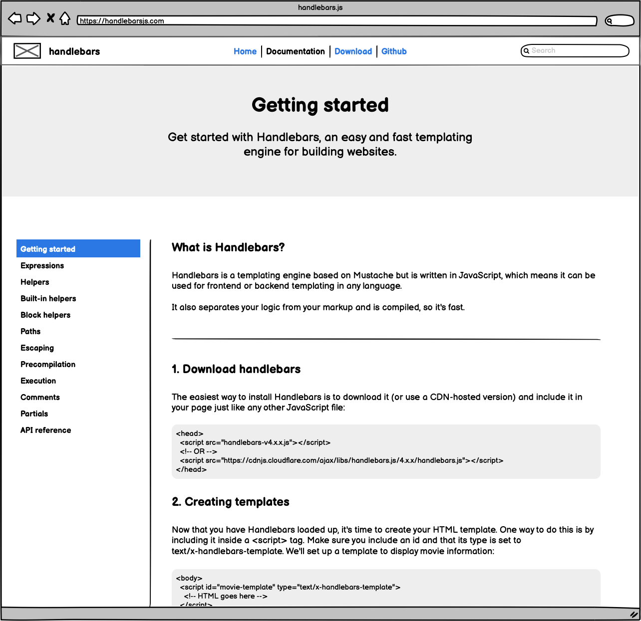 Wireframe of getting started page