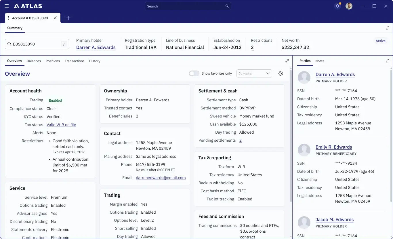 Account overview screen