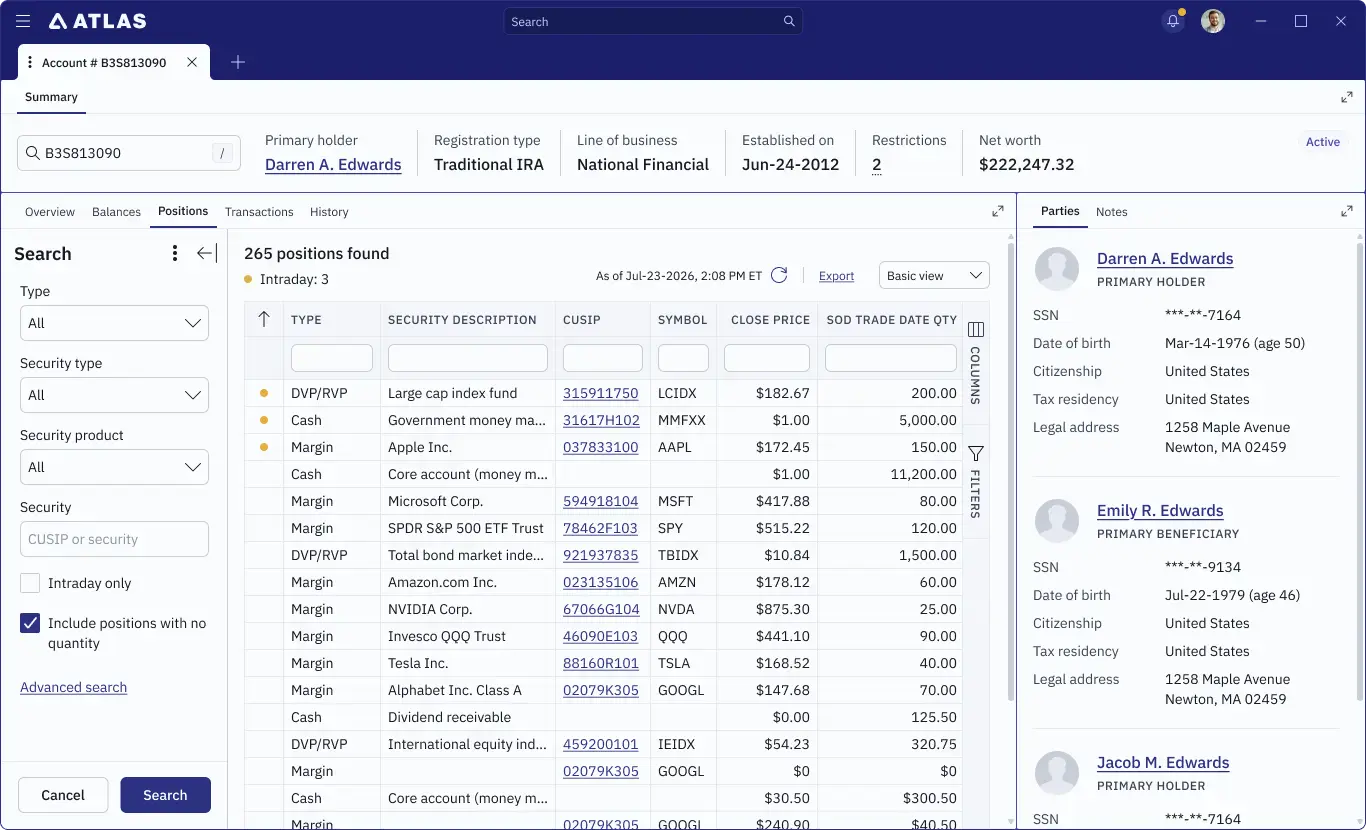 Account search results screen