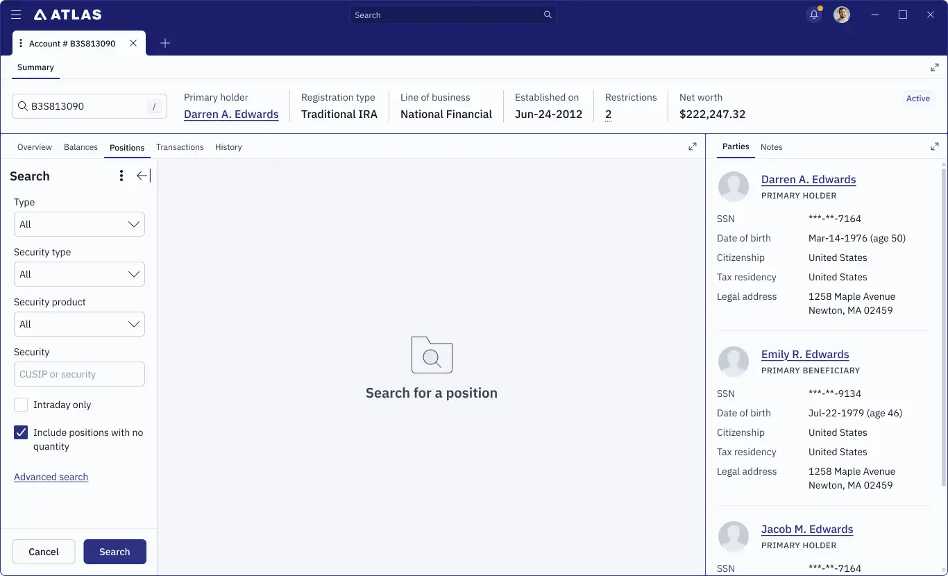 Account positions screen
