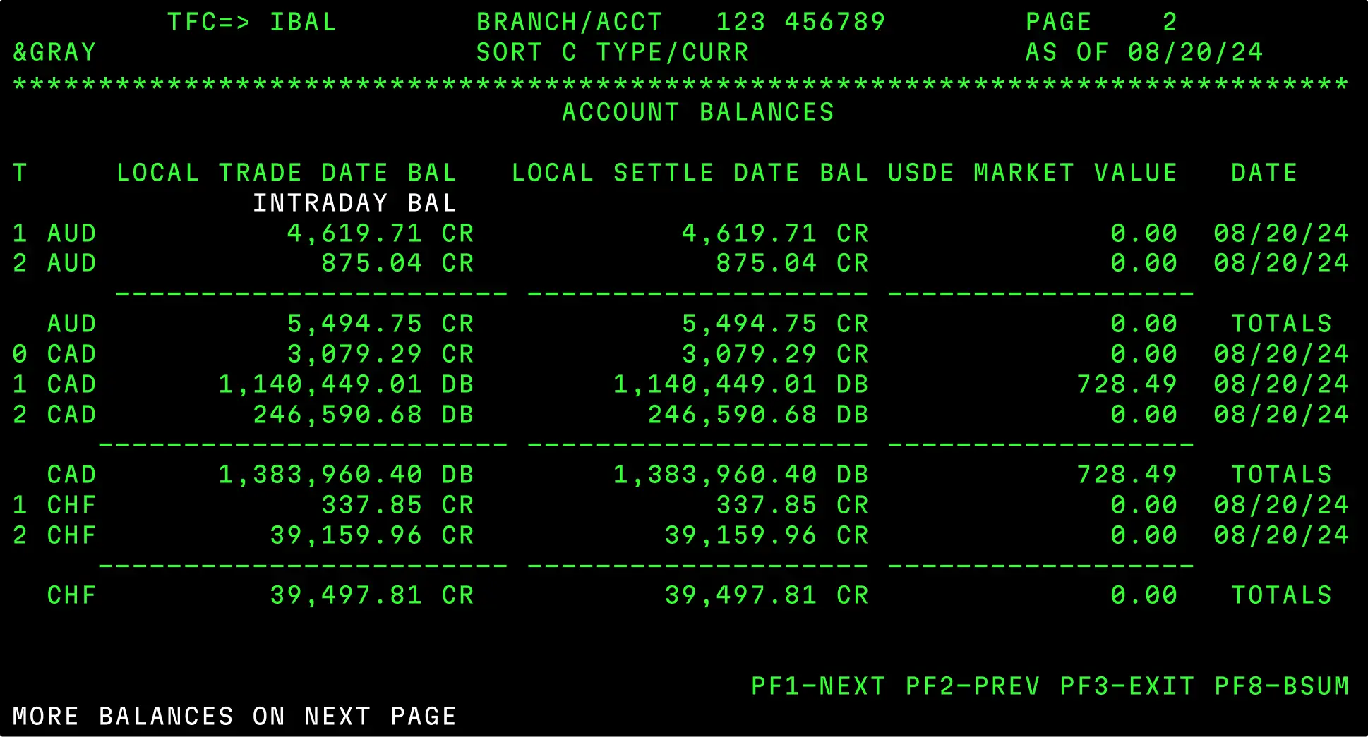 Legacy account balance screen