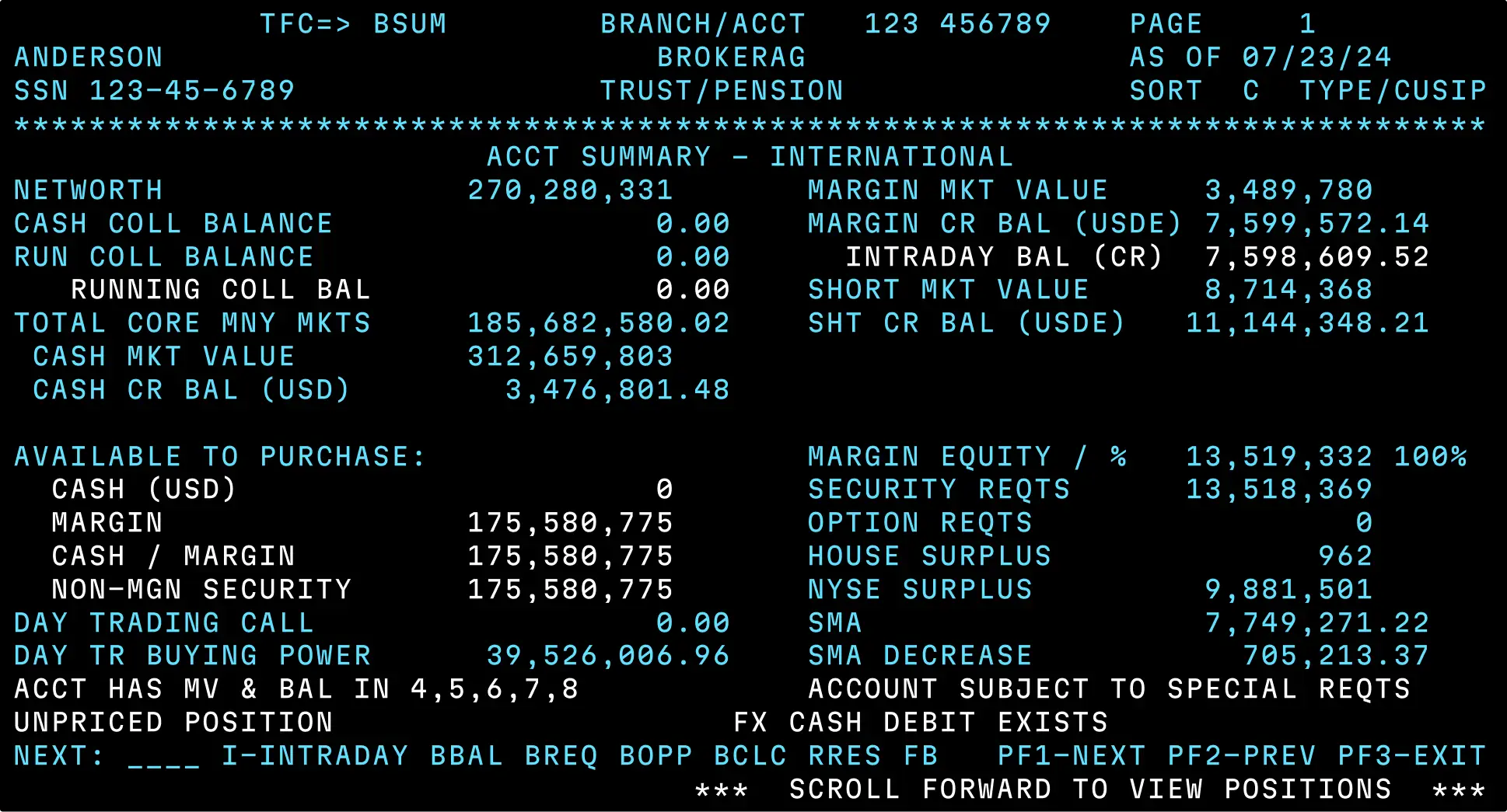 Legacy account balance summary screen
