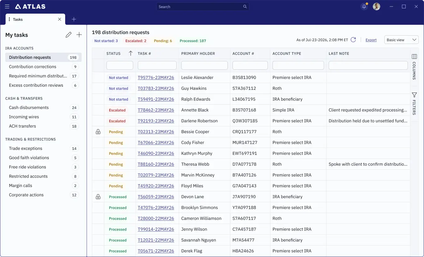 Account task list screen