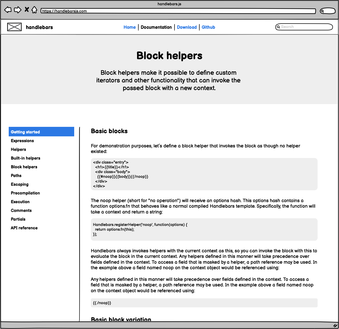 Wireframe of block helpers page