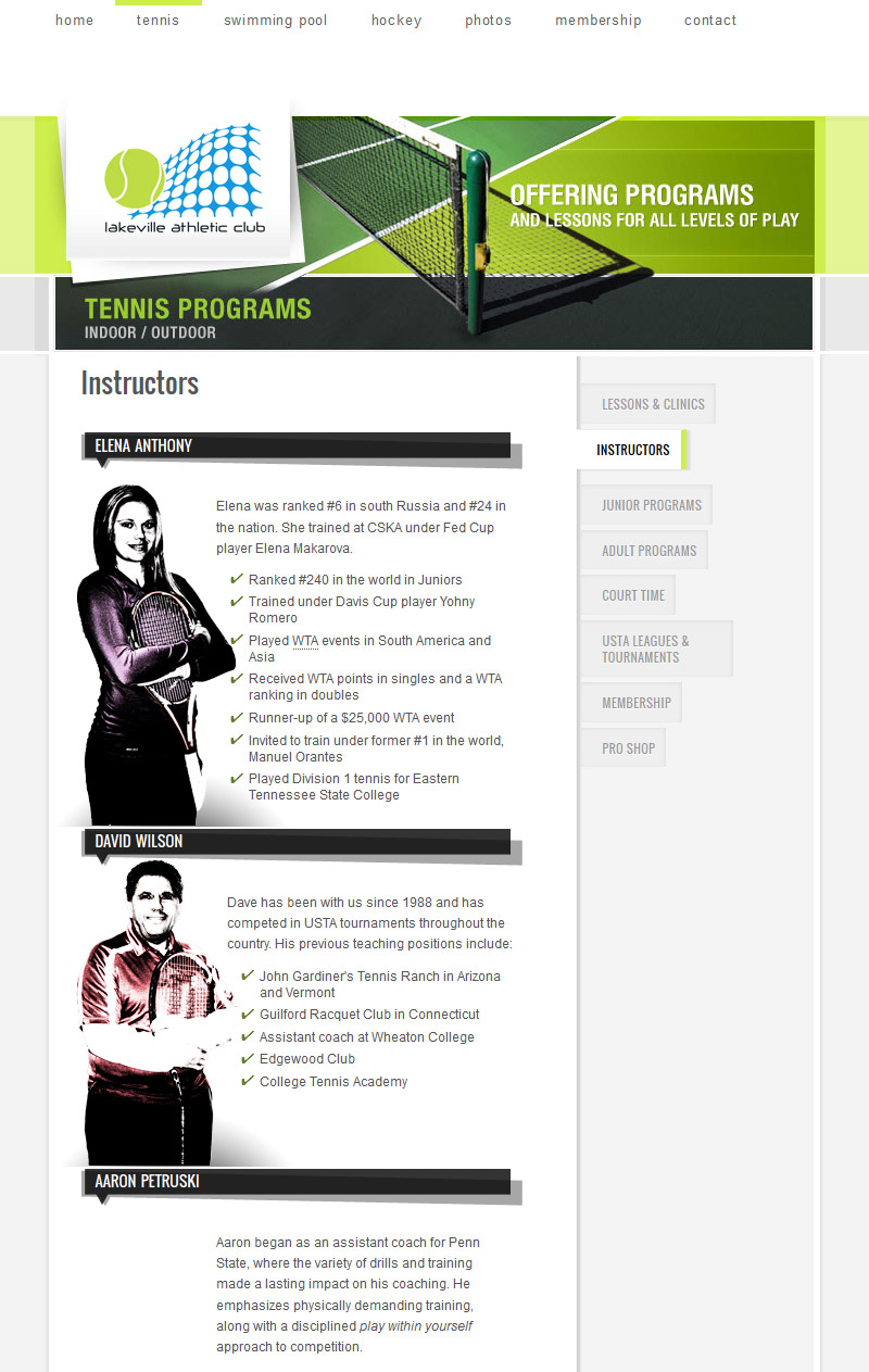 Tennis instructors page