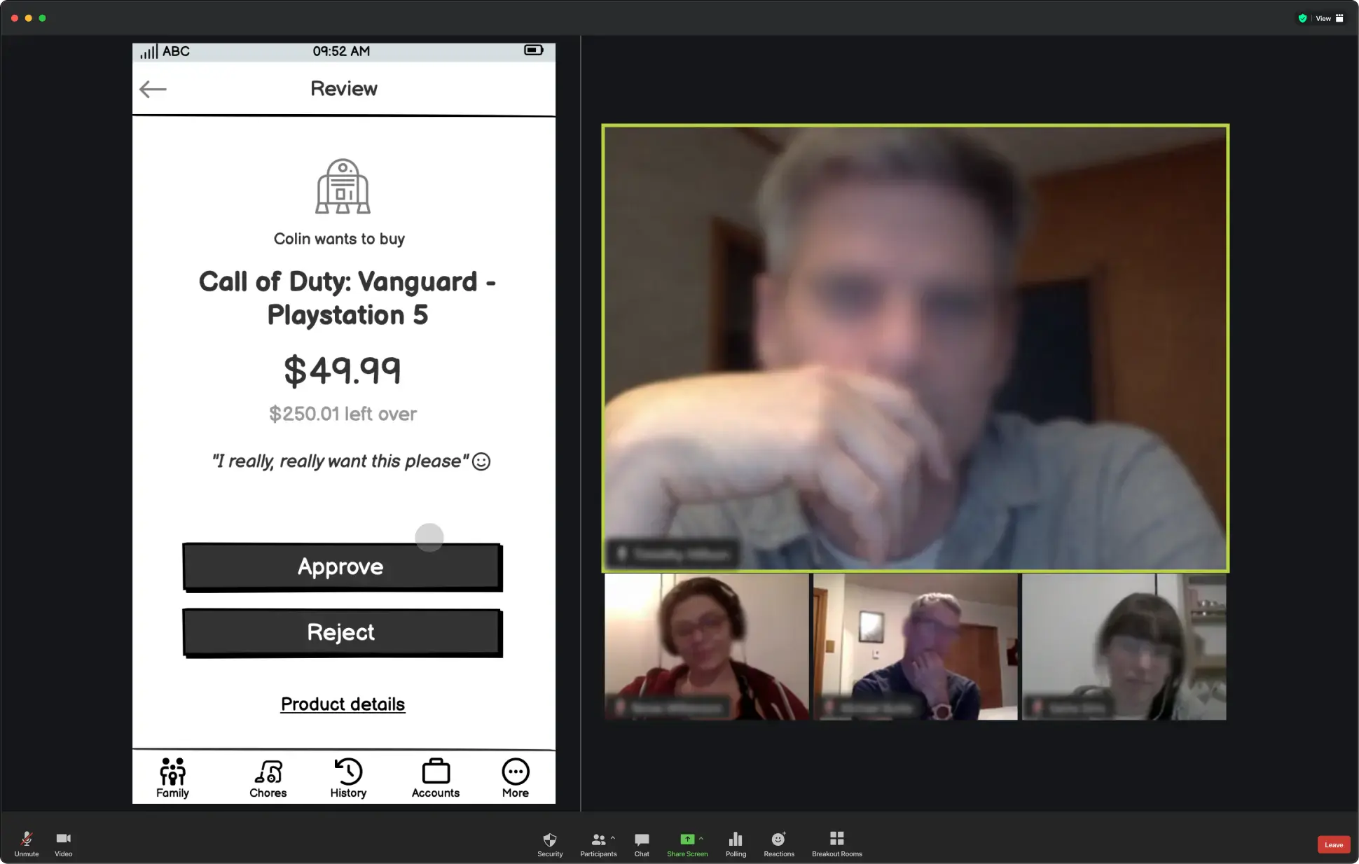 Remote usability testing session with a parent participant