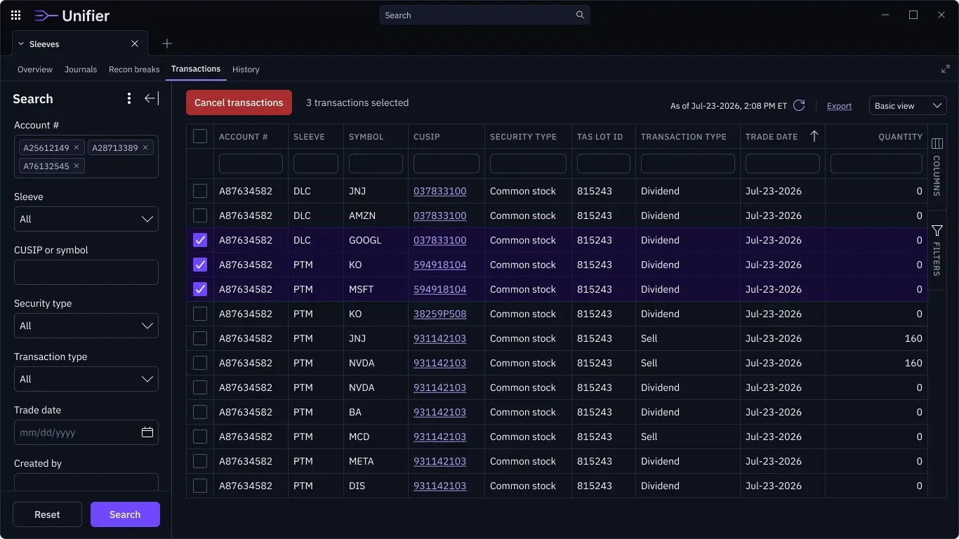 Transactions selected